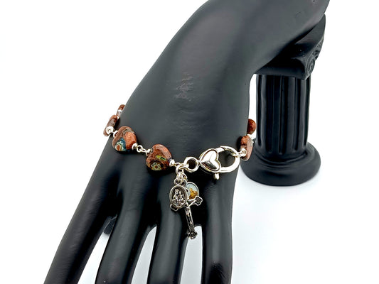 Our Lady of Mount Carmel unique rosary beads single decade rosary bracelet with millefleur glass beads, silver crucifix and lobster clasp.