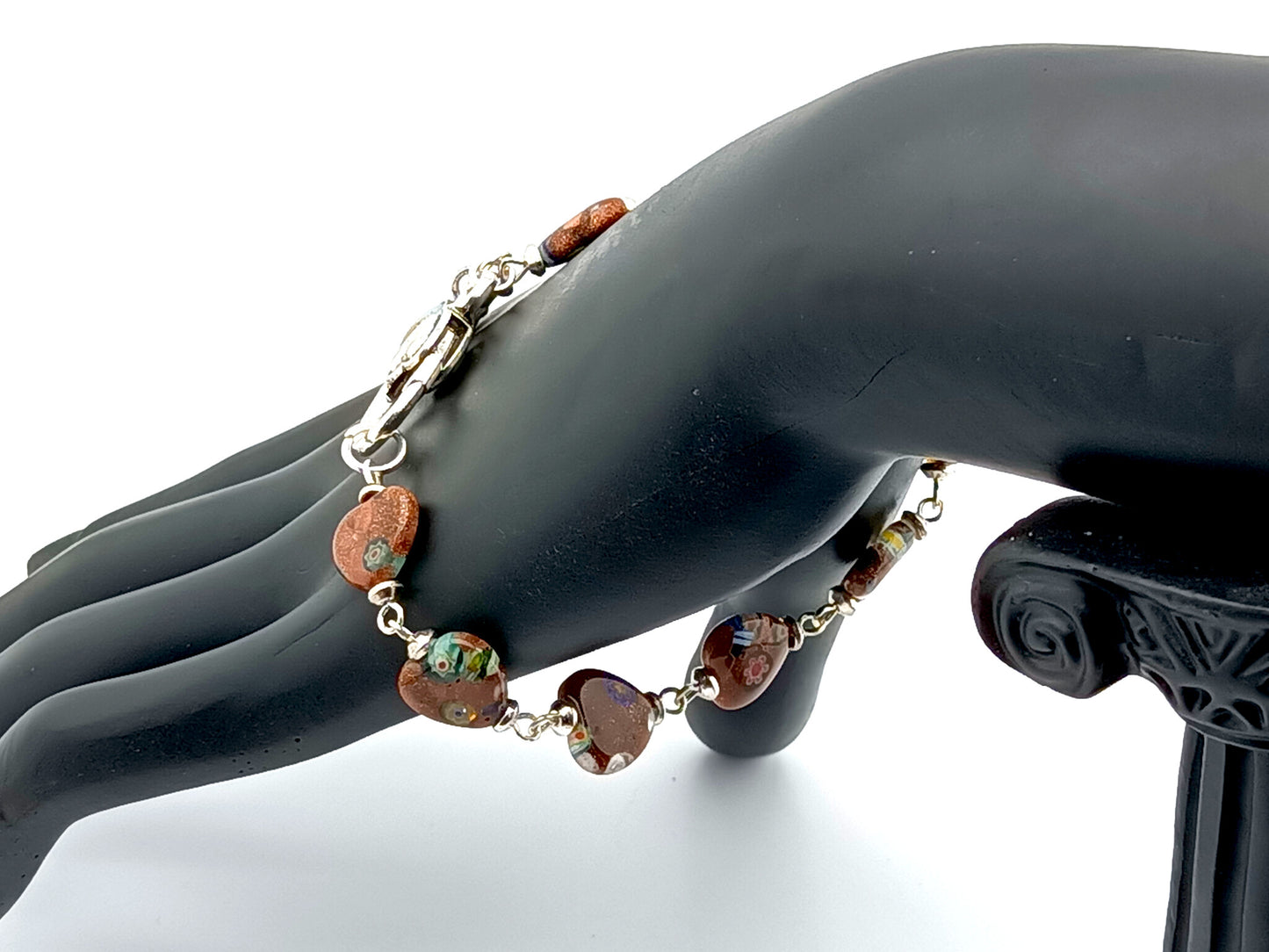 Our Lady of Mount Carmel unique rosary beads single decade rosary bracelet with millefleur glass beads, silver crucifix and lobster clasp.