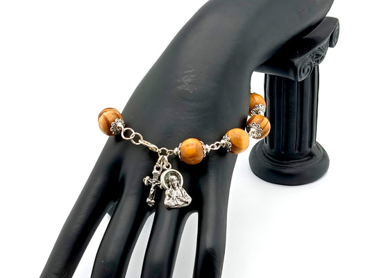 Sacred Heart unique rosary beads single decade rosary bracelet with wooden beads, silver crucifix medal and clasp.