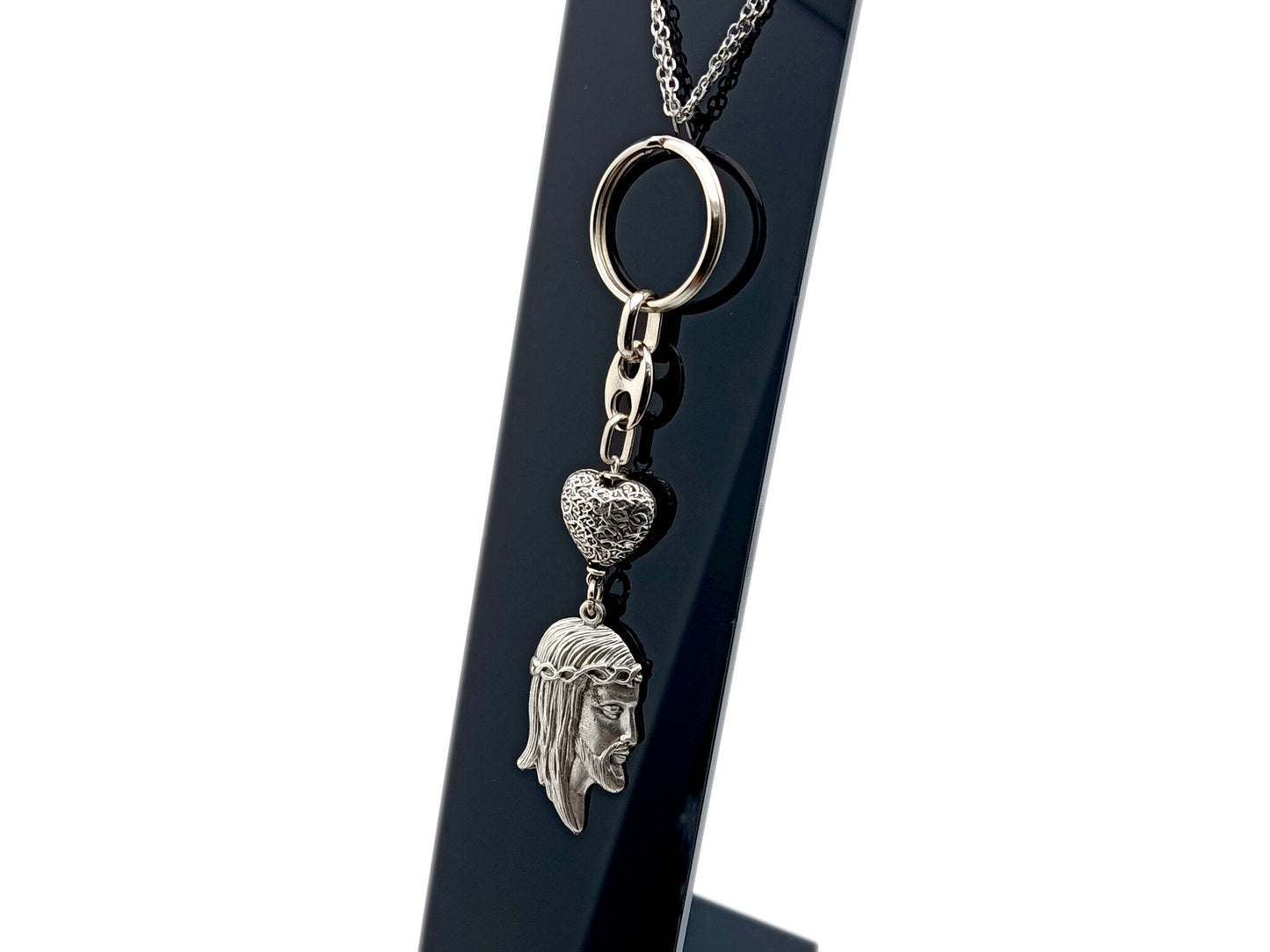 Crown of Thorns unique rosary beads purse clip keychain with silver heart bali bead and medal.