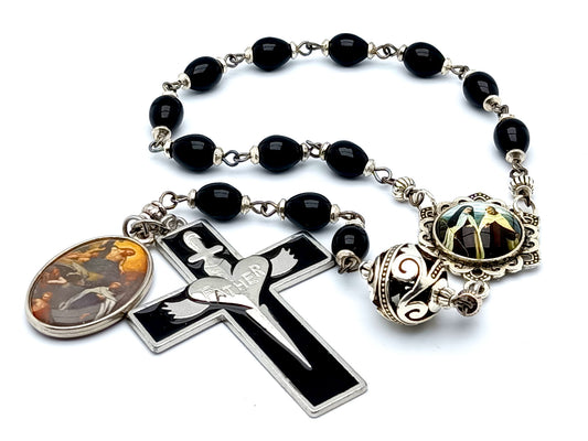 Saint Terese of Avila unique rosary beads single decade rosary with black wooden and silver beads, silver and black enamel Holy Sprit crucifix and picture centre medal.