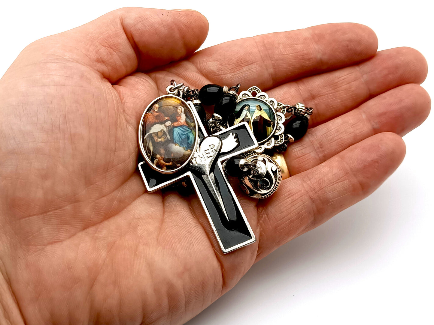 Saint Terese of Avila unique rosary beads single decade rosary with black wooden and silver beads, silver and black enamel Holy Sprit crucifix and picture centre medal.