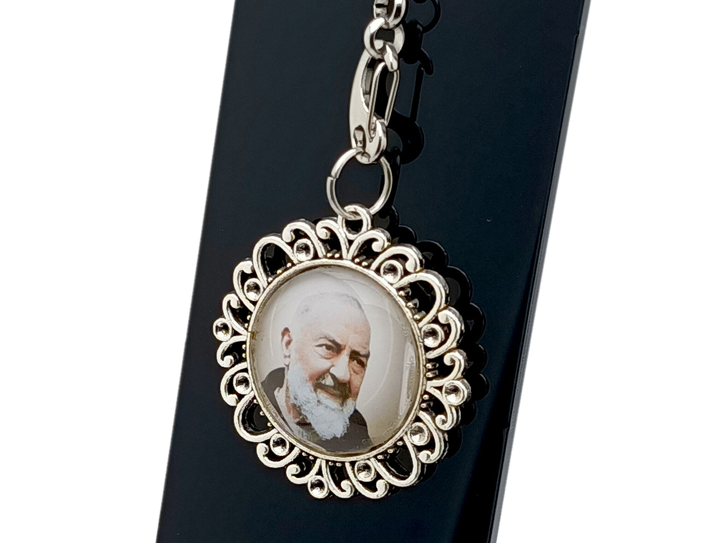 Padre Pio unique rosary beads purse clip key chain with stainless steel lobster clasp.