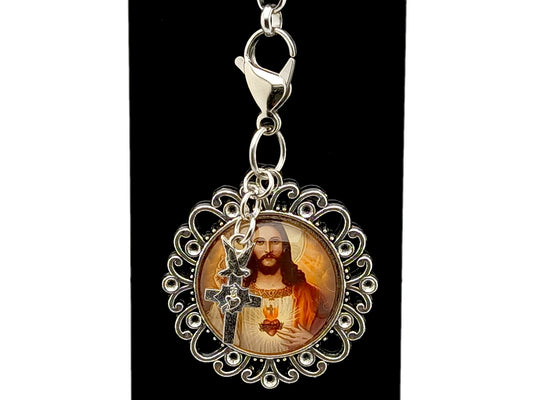 Sacred Heart of Jesus unique rosary beads domed picture medal purse clip key chain.