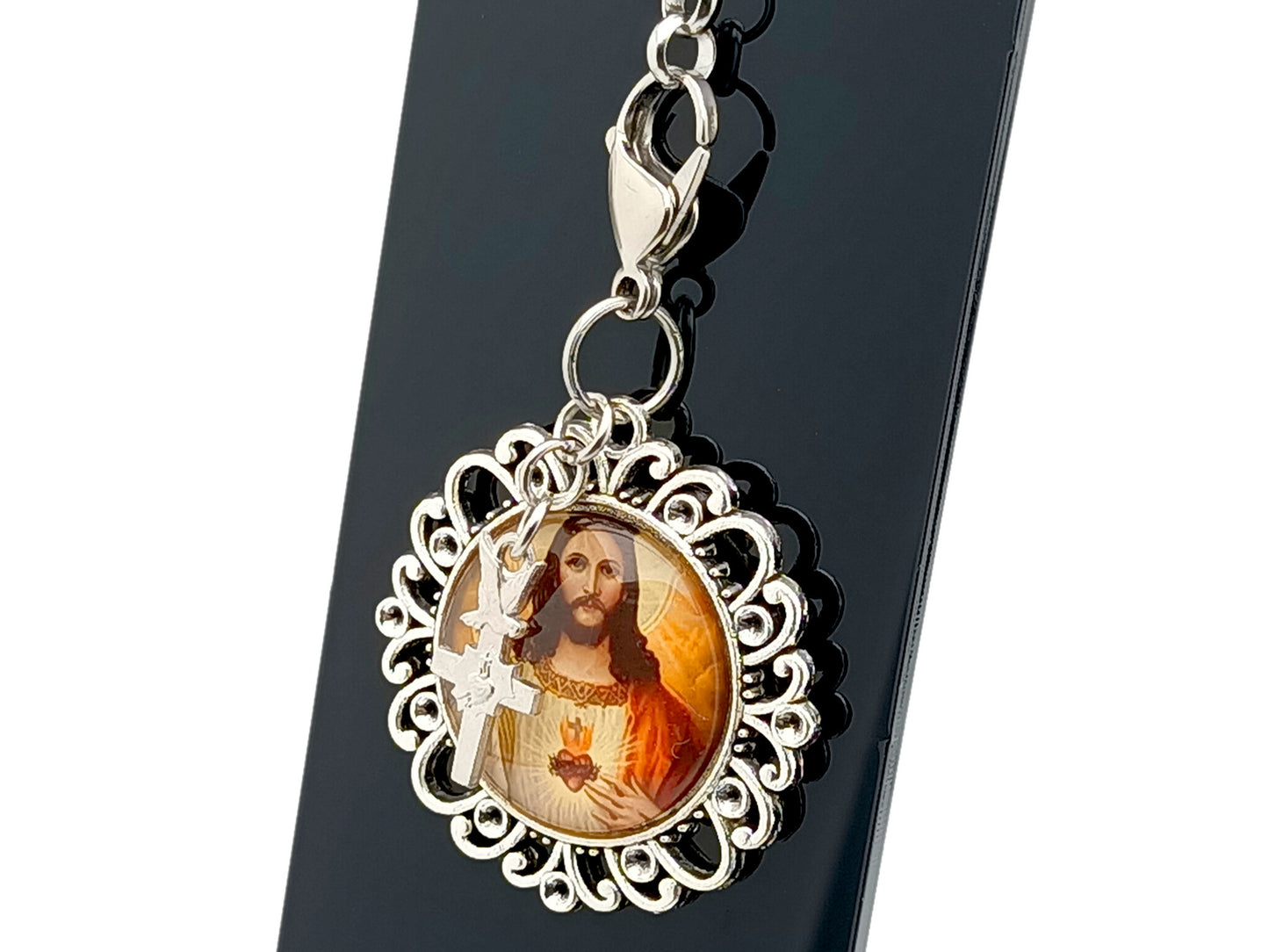 Sacred Heart of Jesus unique rosary beads domed picture medal purse clip key chain.