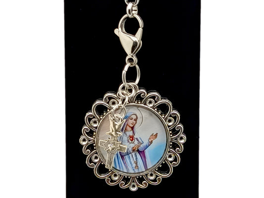 Immaculate Heart of Mary unique rosary beads domed picture medal purse clip key chain with Holy Spirit and Sacred Heart cross.