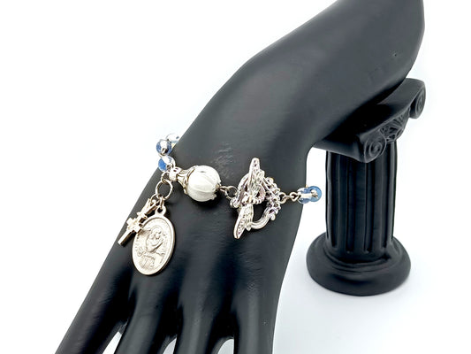 Saint Gabriel Archangel unique rosary beads single decade rosary bracelet with opal gemstone beads and dragonfly clasp and Holy Spirit cross.