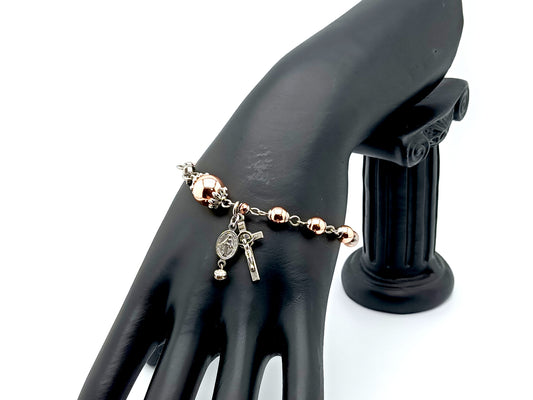 Miraculous medal unique rosary beads rose gold hematite gemstone single decade rosary bracelet and Saint Benedict crucifix.