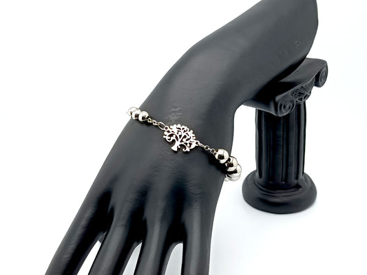 Our Lady of Guadalupe relic unique rosary beads single decade rosary bracelet with stainless steel beads, 925 sterling silver chain and tree of life linking medal.