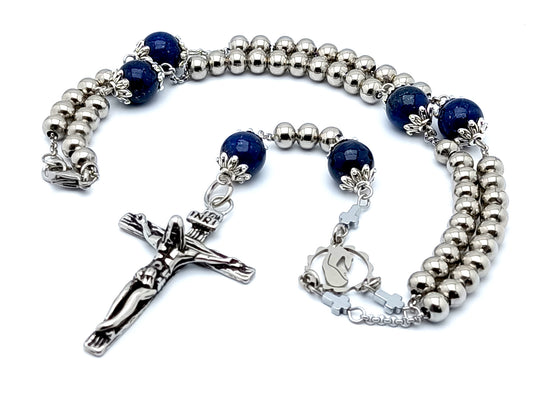 Virgin Mary unique rosary beads with lapis lazuli gemstone and stainless steel beads and stainless steel crucifix and clasp.