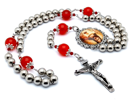 Sacred Heart unique rosary beads with stainless steel and ruby gemstone beads and stainless steel crucifix.