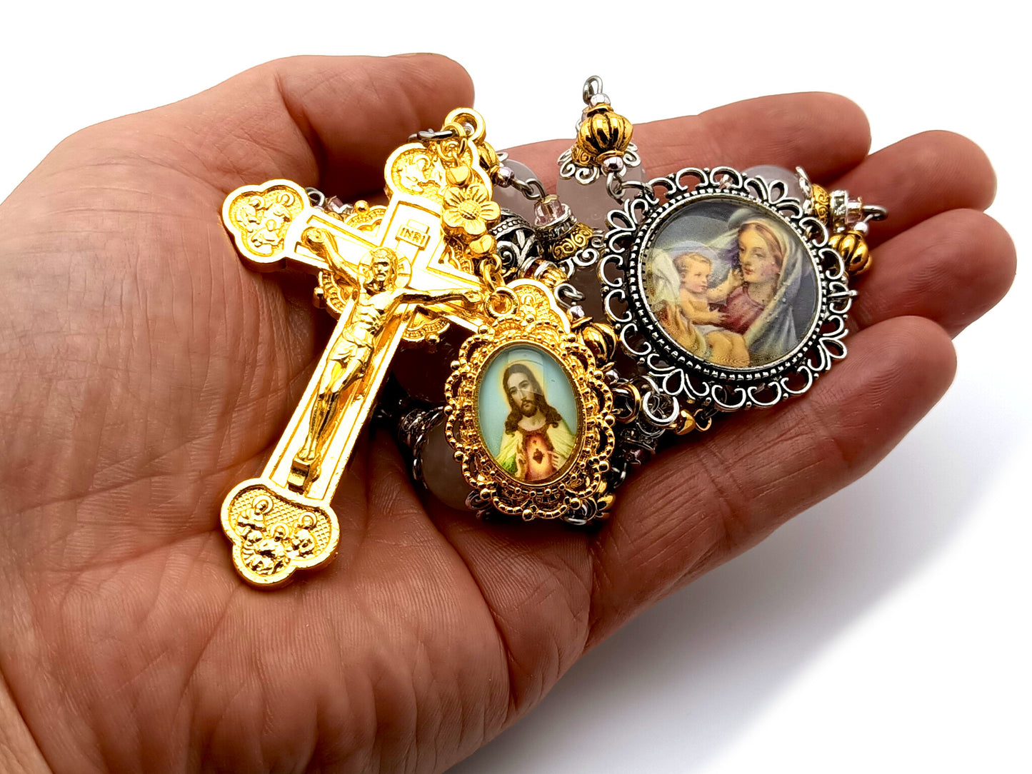 Virgin and Child unique rosary beads single decade rosary with rose quartz gemstone beads with Saint Brigid medal.