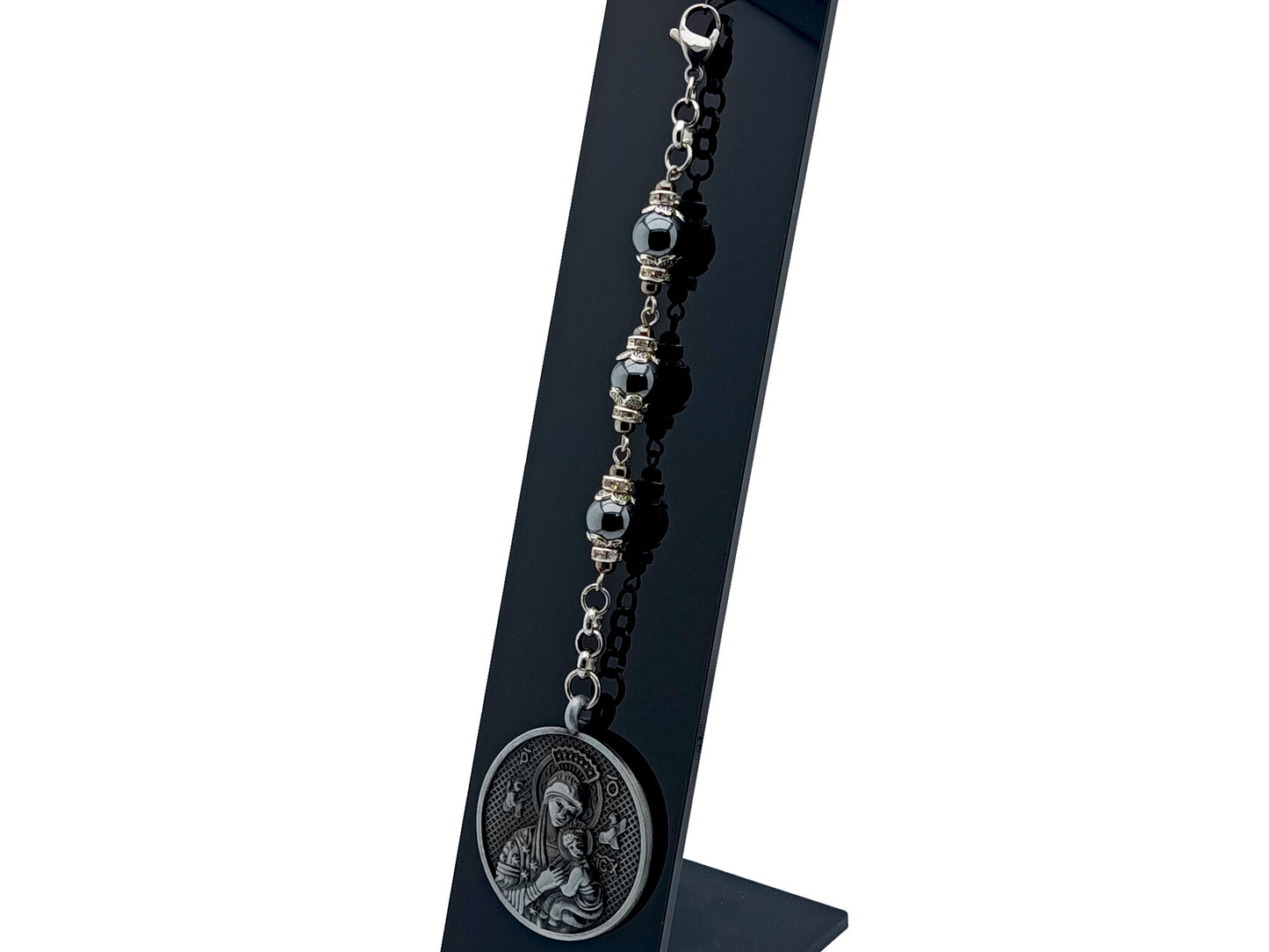 Our Lady of Perpetual Help unique rosary beads three Hail Mary hematite gemstone purse clip key chain with stainless steel lobster clip.