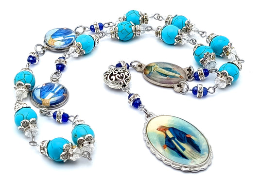 The Immaculate conception unique rosary beads prayer chaplet with turquoise gemstone beads and Our Lady of Grace picture medal.