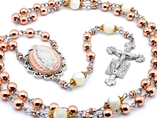 Our Lady of Guadalupe cameo unique rosary beads with rose gold hematite gemstone and mother of pearl beads and Holy Angel crucifix.