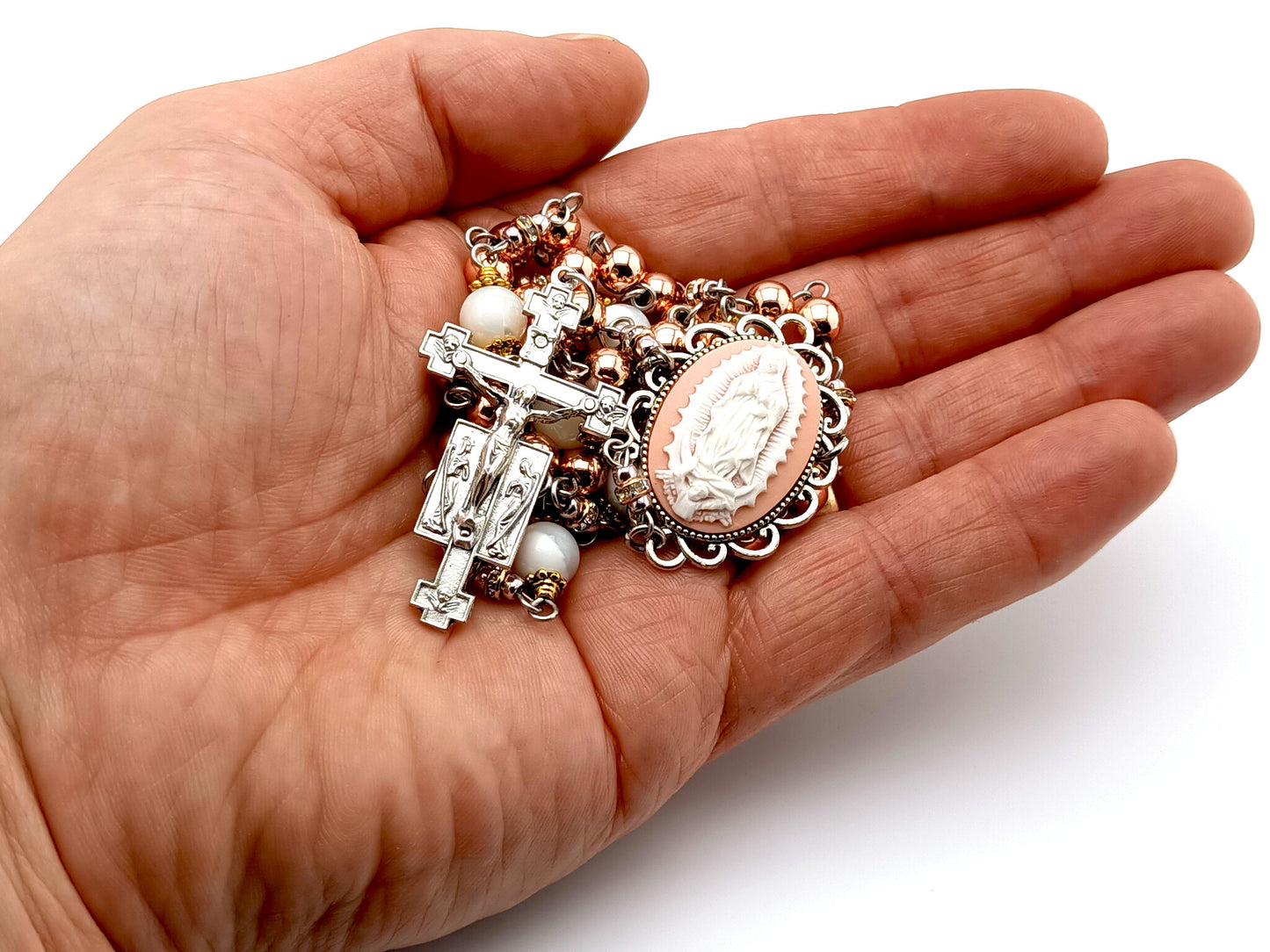 Our Lady of Guadalupe cameo unique rosary beads with rose gold hematite gemstone and mother of pearl beads and Holy Angel crucifix.