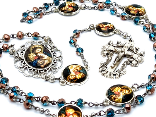Our Lady of Divine Providence unique rosary beads with glass beads with filigree crucifix and Our Father beads picture medals.