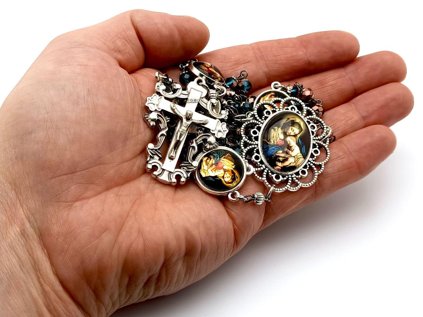 Our Lady of Divine Providence unique rosary beads with glass beads with filigree crucifix and Our Father beads picture medals.