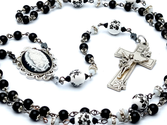 Our Lady of Guadalupe cameo unique rosary beads with onyx gemstone and porcelain beads and lily crucifix.