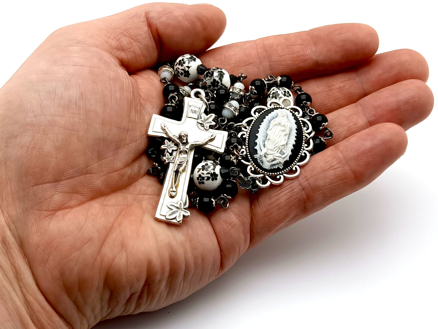 Our Lady of Guadalupe cameo unique rosary beads with onyx gemstone and porcelain beads and lily crucifix.