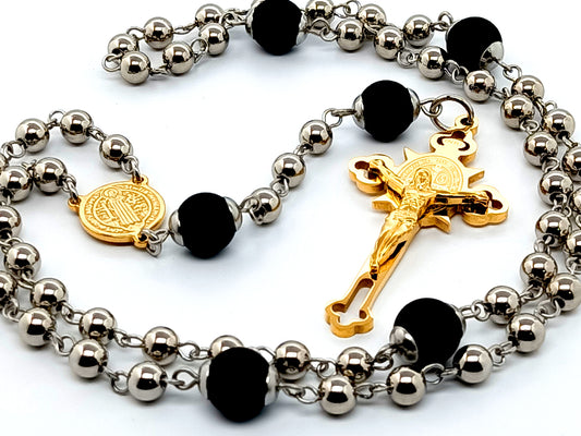 Saint Benedict unique rosary beads with stainless steel and onyx gemstone beads and gold plated stainless steel laser cut crucifix.