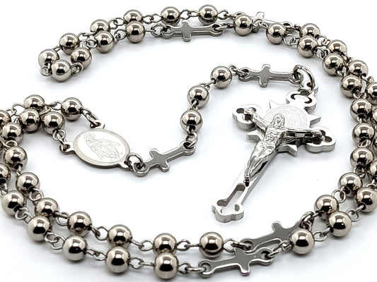 Miraculous medal and Saint Benedict unique rosary beads with stainless steel beads and stainless steel linking cross medals.