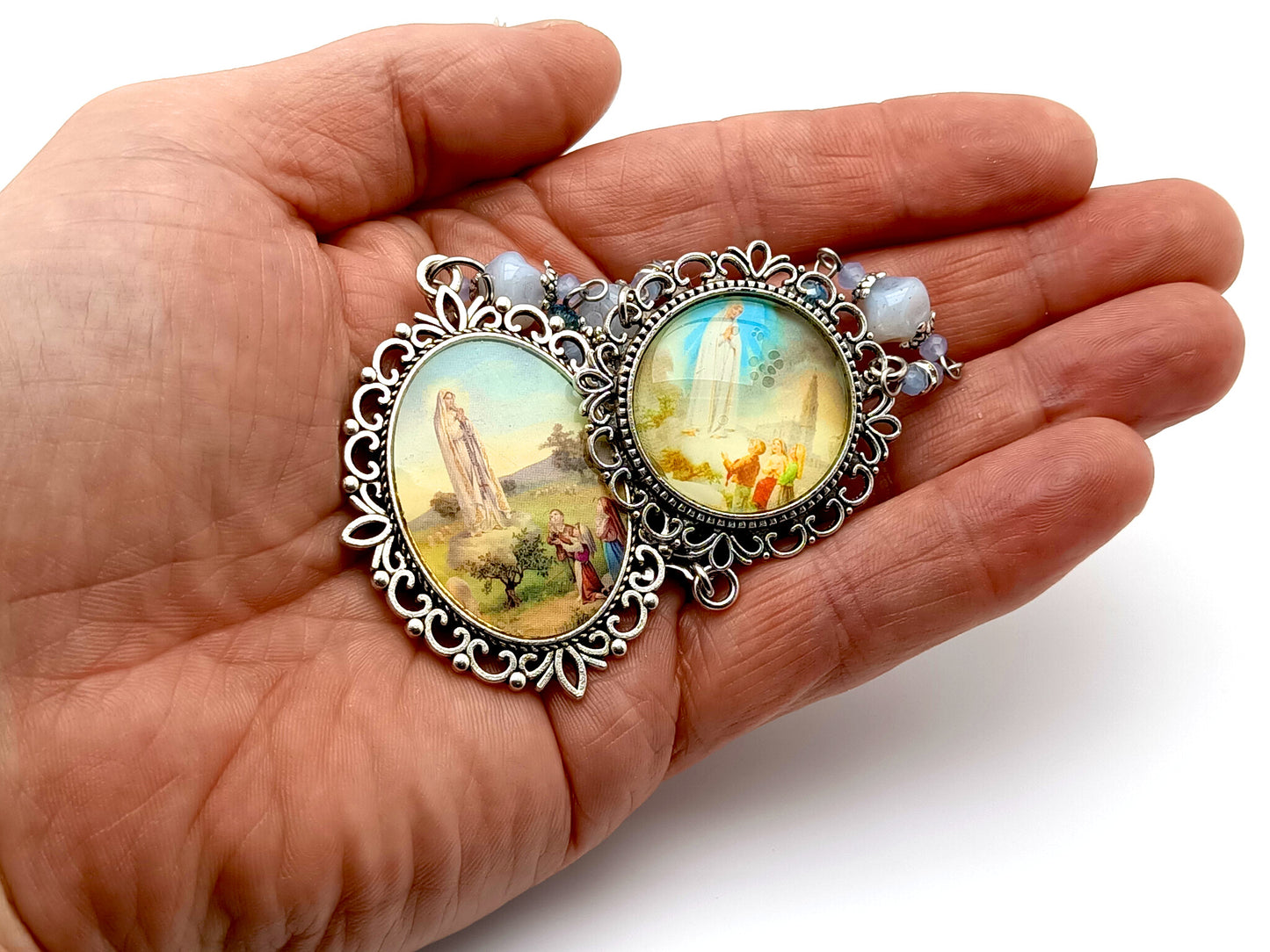 Our Lady of Fatima unique rosary beads glass single decade rosary with domed center medal and children of Fatima picture medal.