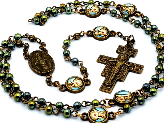 Vintage style miniature Miraculous medal unique rosary beads with hematite gemstone beads and Immaculate Heart medals and Saint Francis of Assisi crucifix.