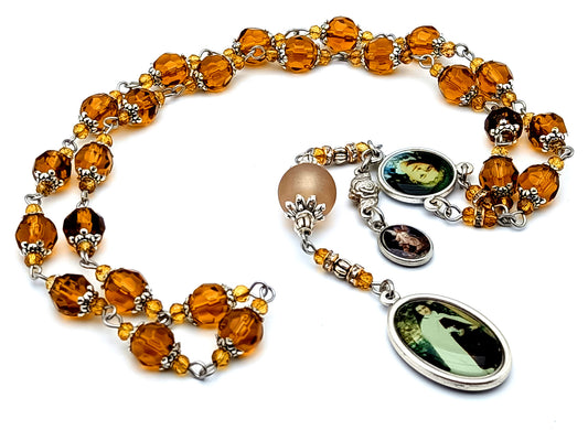 Saint Therese of Lisieux unique rosary beads glass prayer chaplet with Guardian Angel picture medal and Saint Therese the little flower picture medal.