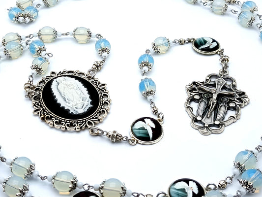 Our Lady of Guadalupe cameo unique rosary beads with opal gemstone beads and Holy Spirit domed picture medals and Holy Angel crucifix.
