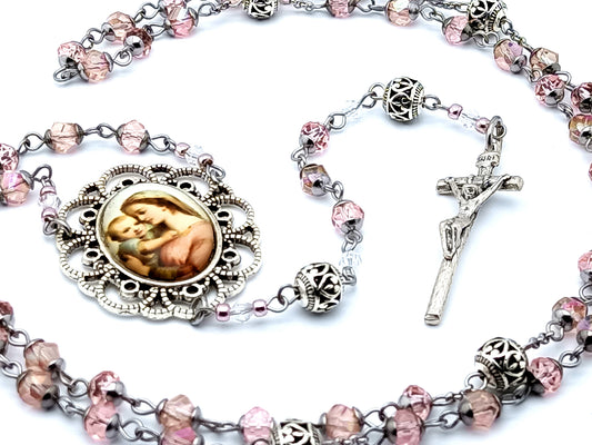Madonna and Child unique rosary beads with rose faceted glass and Tibetan silver Our Father beads and Saint John Paul II crucifix.