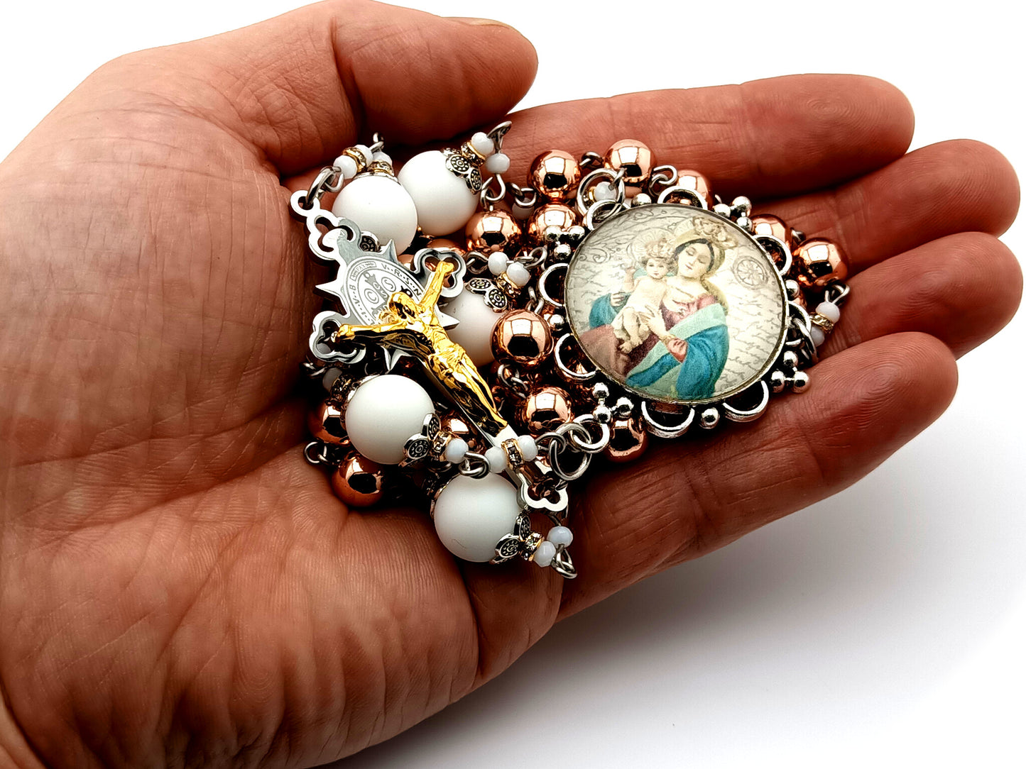 Madonna and Child Jesus unique rosary beads with rose gold hematite and alabaster gemstone beads and Saint Benedict stainless steel and gold crucifix.