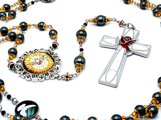 Holy Spirit unique rosary beads prayer chaplet with hematite gemstone beads and Holy Ghost enamel cross and domed linking picture medals.