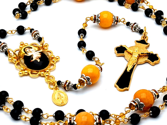 Madonna and Child Jesus unique rosary beads with onyx and jade gemstone beads and Saint Benedict gold plated black enamel stainless steel crucifix.