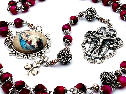 Virgin Mary and Child Jesus unique rosary beads with tigers eye gemstone and Tibetan silver beads and Angel crucifix and Trinity clover leaf medal.