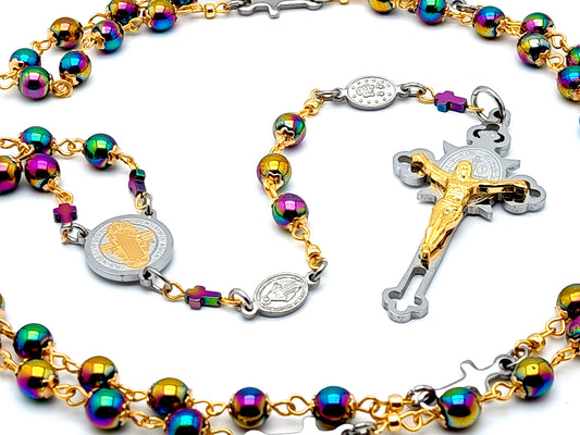 Saint Benedict and Miraculous medal unique rosary beads with hematite gemstone beads and Saint Benedict stainless steel engraved crucifix.