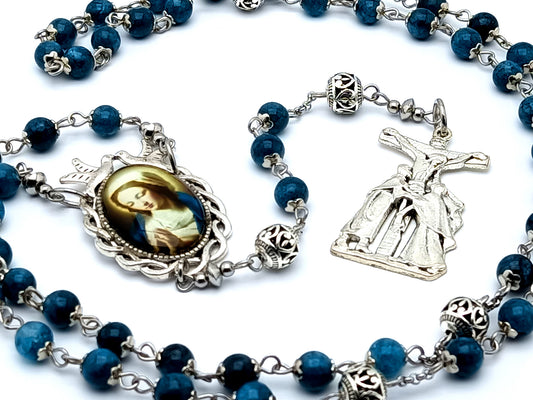 Our Lady of Sorrows unique rosary beads with apatite gemstone and Tibetan silver beads and Saint John and Mary at the foot of the Cross crucifix.