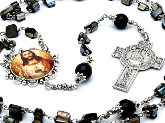 Sacred Heart of Jesus unique rosary beads with shell and onyx gemstone beads and Saint Francis Portuncula Mother church cross with blessing prayer.