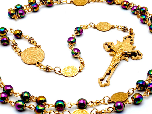 Saint Benedict unique rosary beads with hematite gemstone beads and gold plated Saint Benedict stainless steel engraved crucifix.