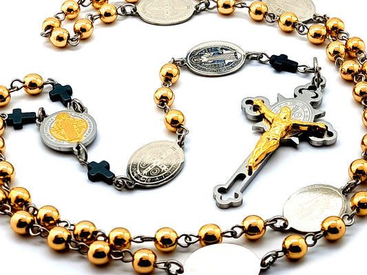 Saint Benedict unique rosary beads with hematite gemstone beads and Saint Benedict linking medals and Saint Benedict stainless steel engraved crucifix.