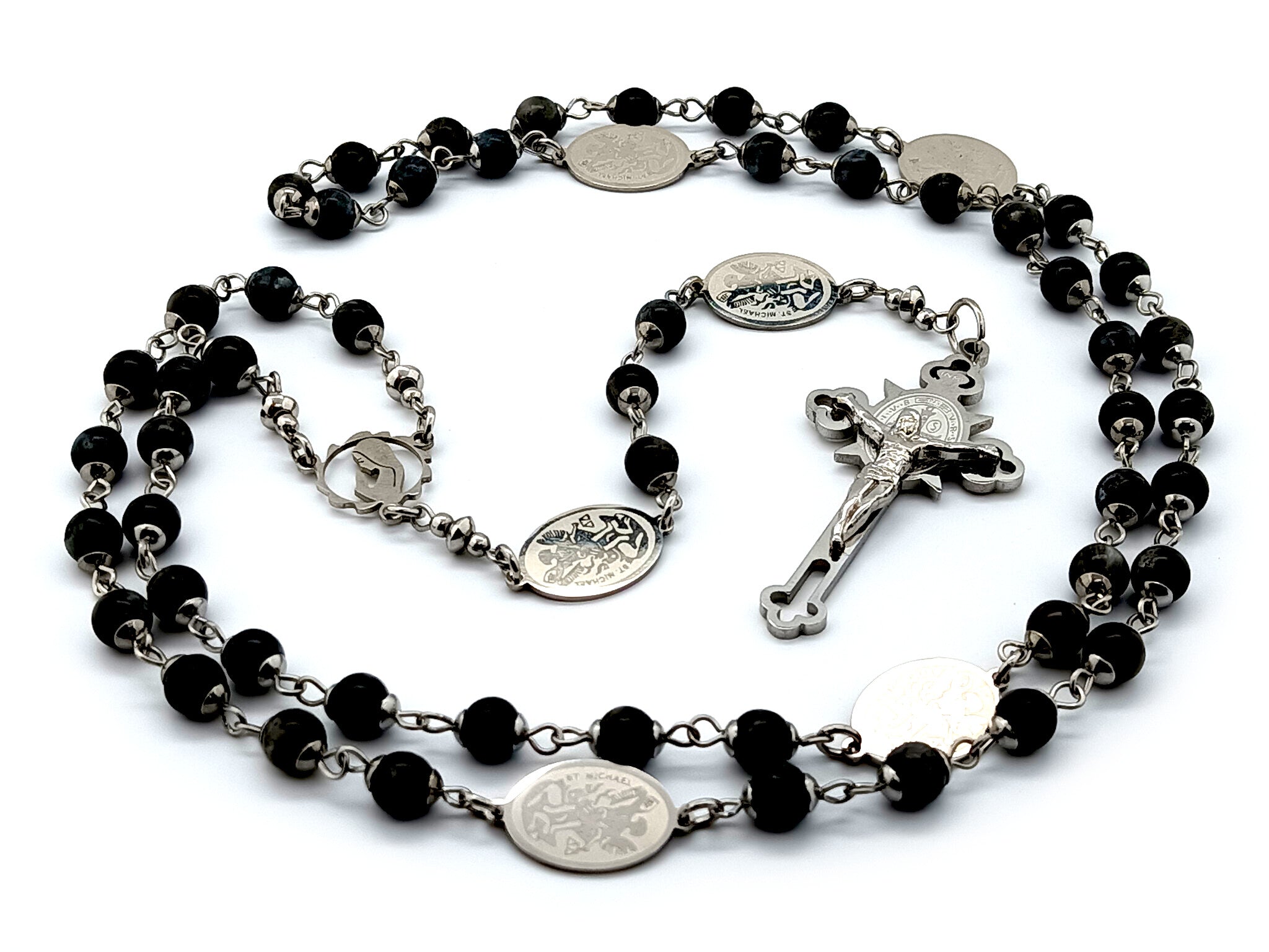 Virgin Mary hematite gemstone and stainless steel rosary beads with st –  Unique Rosary Beads