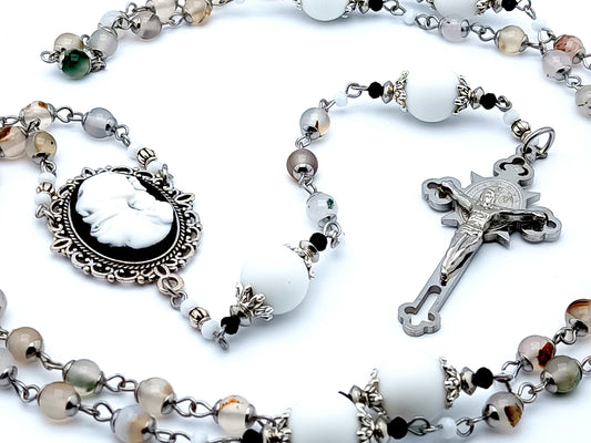 Virgin and child Jesus cameo unique rosary beads with agate and alabaster gemstone beads and engraved stainless steel Saint Benedict crucifix.