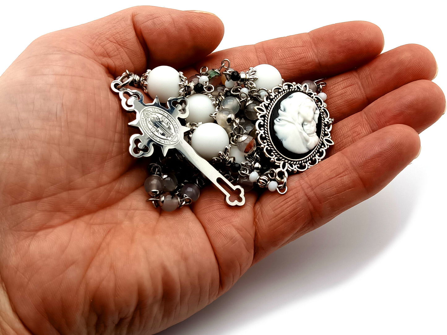 Virgin and child Jesus cameo unique rosary beads with agate and alabaster gemstone beads and engraved stainless steel Saint Benedict crucifix.