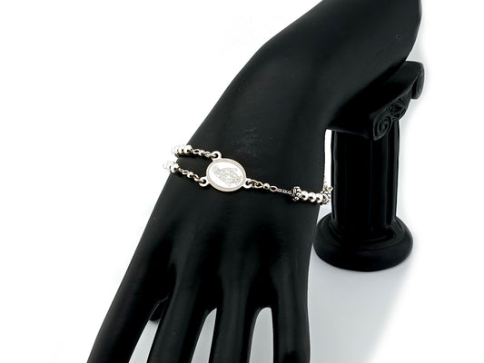 Miraculous medal unique rosary beads 925 sterling silver and stainless steel rosary bracelet with sterling silver linking cross and 925 silver bead clasp.