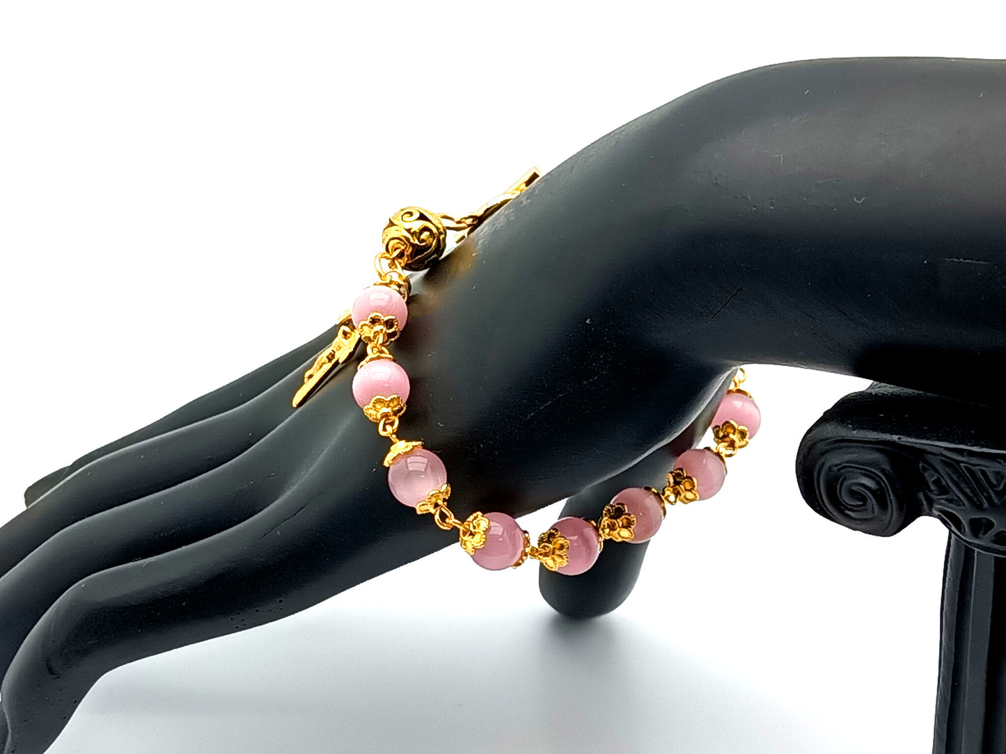 Miraculous medal unique rosary beads gold and pink cats eye single decade rosary bracelet with gold Our Father bead and crucifix.