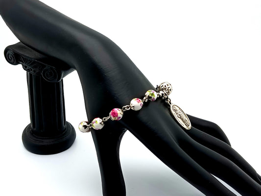Archangel Raphael unique rosary beads porcelain and silver single decade rosary bracelet with Holy Spirit cross.