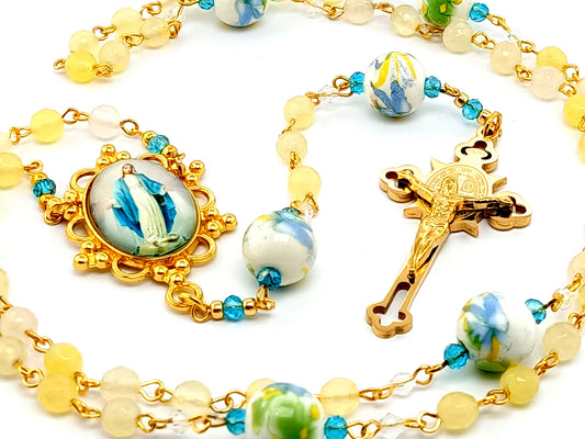 Our Lady of Grace unique rosary beads with agate gemstone and floral porcelain beads and gold plated etched Saint Benedict crucifix.
