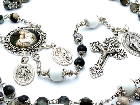 Virgin Mary and St Francis unique rosary beads with black and white gemstone beads and pardon crucifix and miraculous medal.