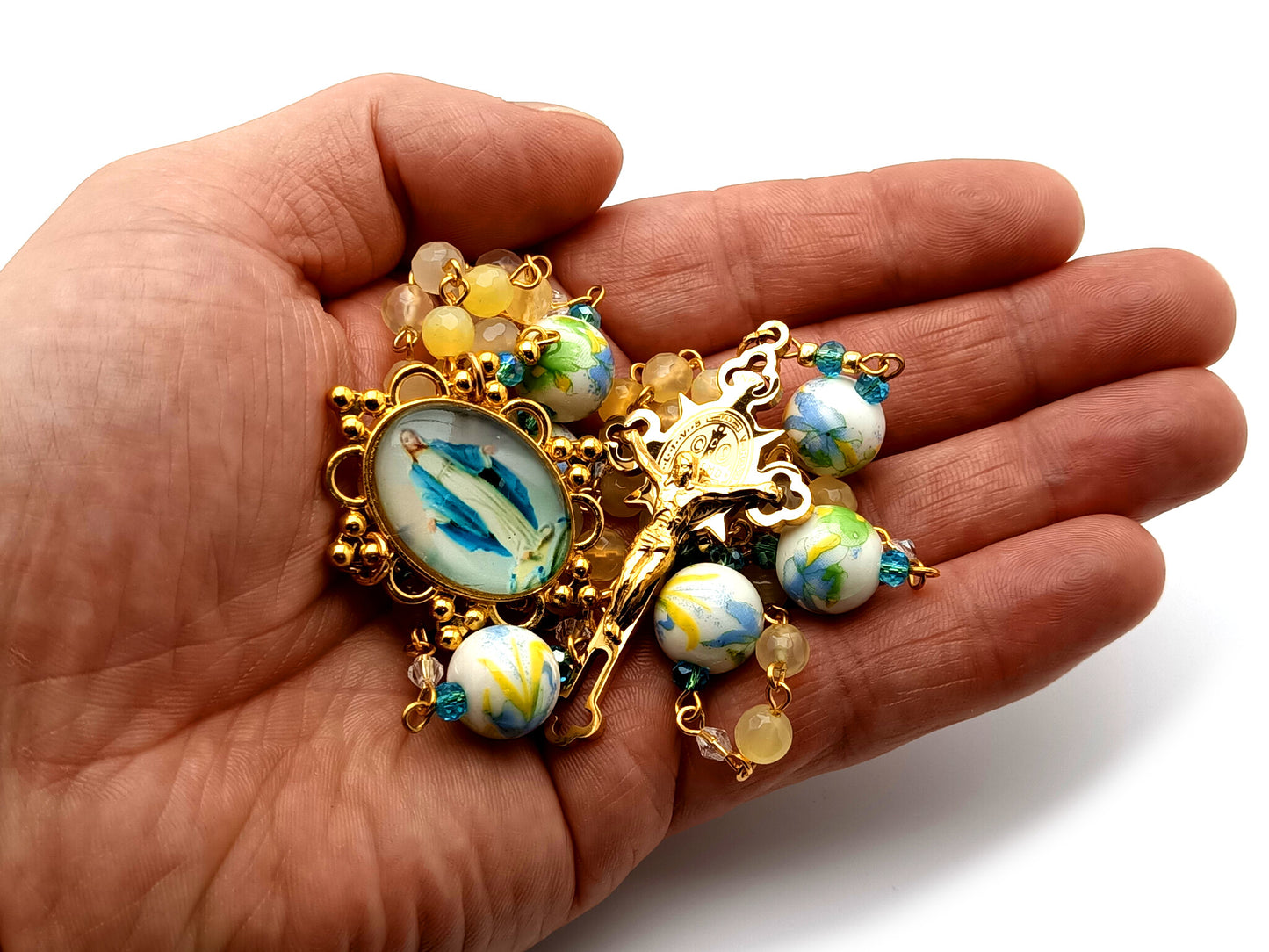 Our Lady of Grace unique rosary beads with agate gemstone and floral porcelain beads and gold plated etched Saint Benedict crucifix.