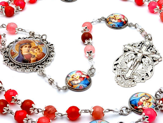 Our Lady of Perpetual help unique rosary beads with rose quartz gemstone and Angel crucifix and Our Lady of Succor picture linking medals.